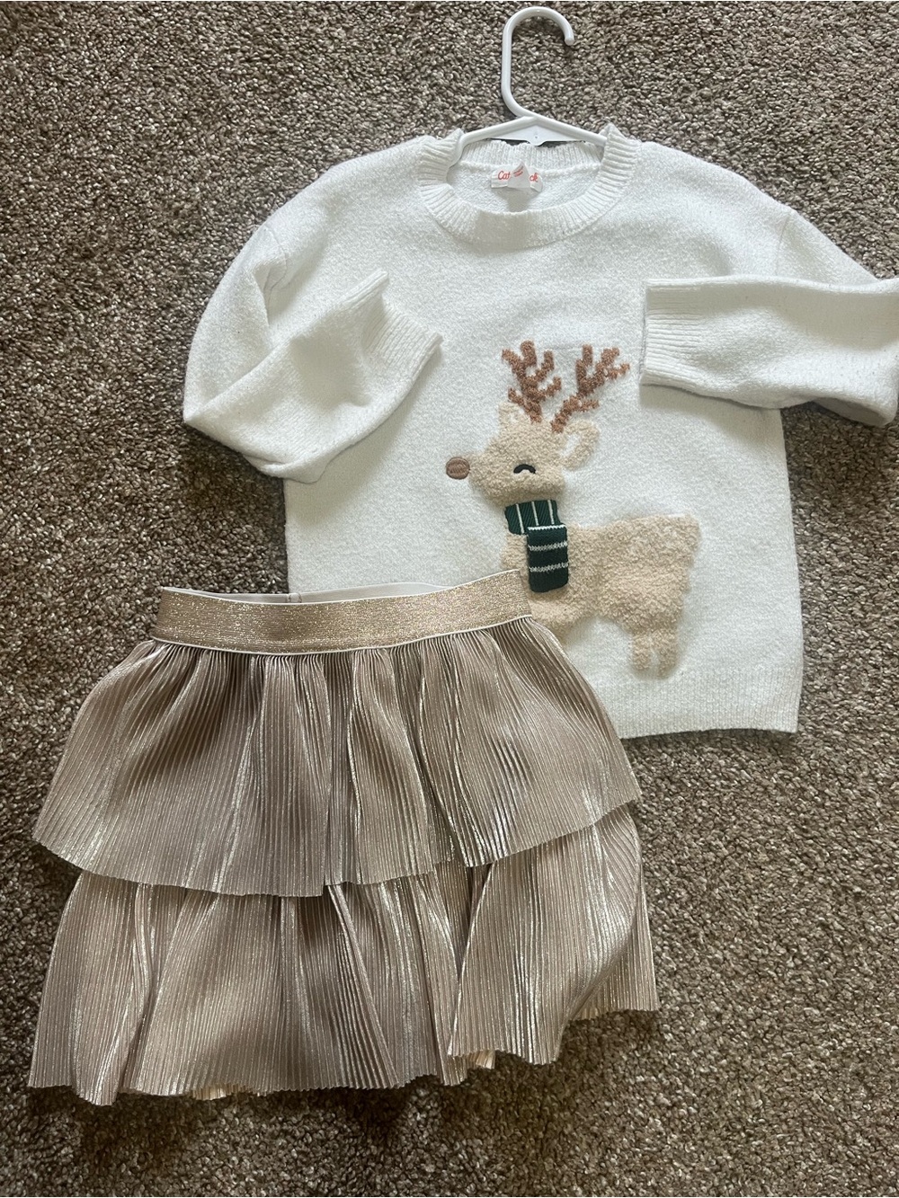 White Kids Reindeer Sweater Top with Beige Plush Accent